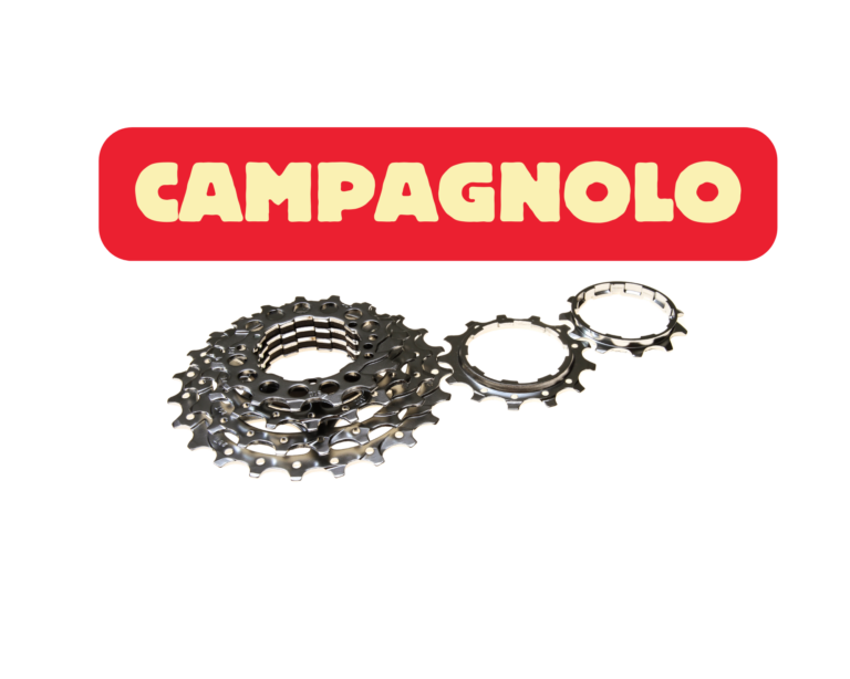 Image d'une cassette de vélo détourée accompagnée du titre "Campagnolo" pour illustrer la marque de la cassette