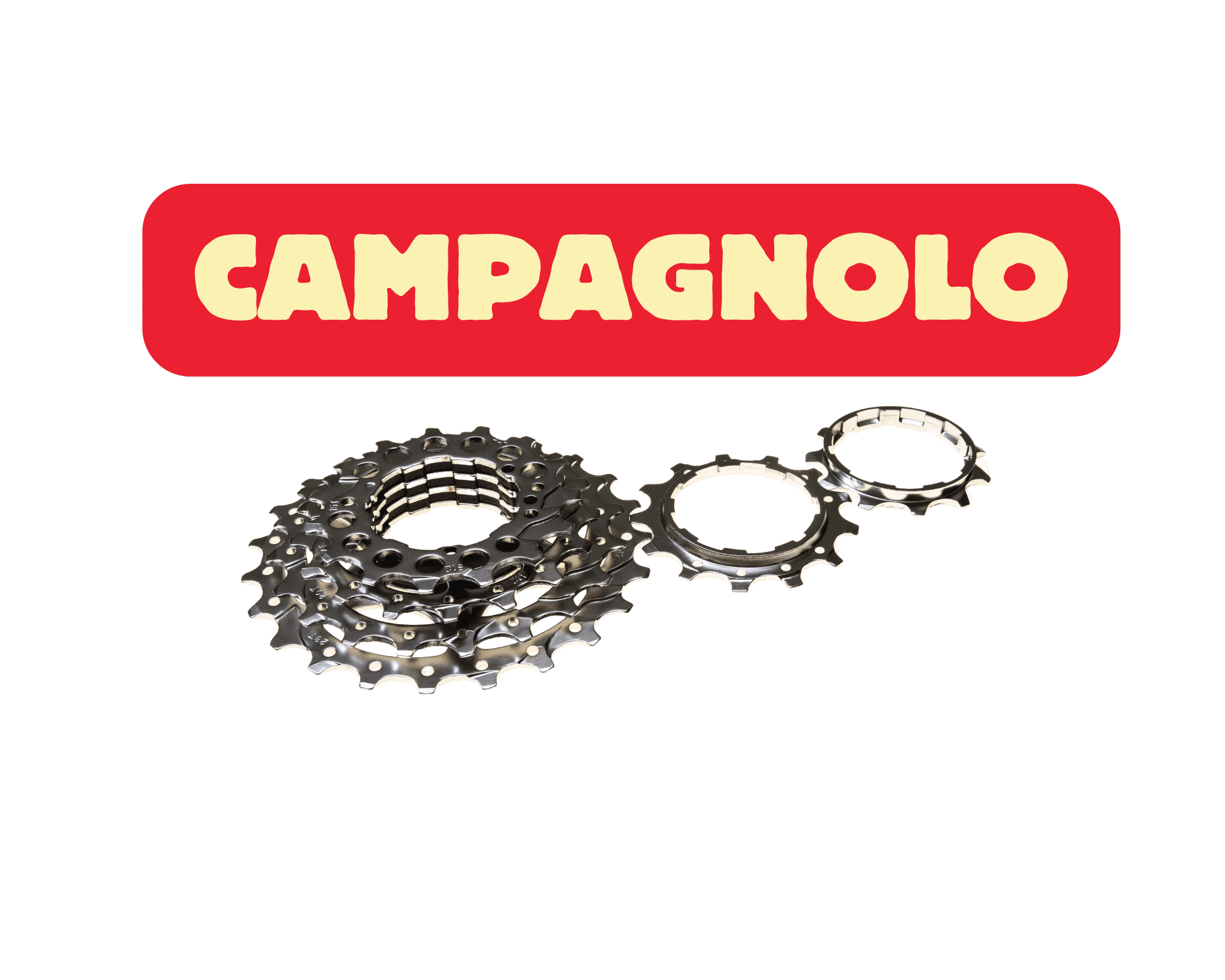 J'ai une cassette Campagnolo (non compatible) 1 Image d'une cassette de vélo détourée accompagnée du titre "Campagnolo" pour illustrer la marque de la cassette