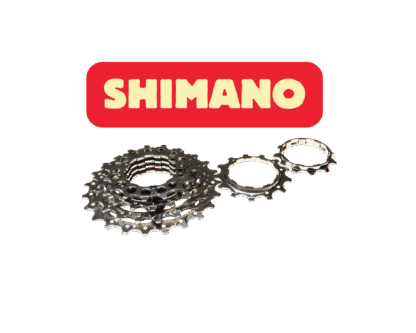 Image d'une cassette détourée accompagnée du titre "Shimano" se rapportant à la marque de la cassette