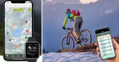 Image d'illustration séparée en deux parties : à gauche un téléphone sur lequel s'affiche une application mobile d'itinéraires pour vélo. A gauche un cycliste en montage sur de la neige.